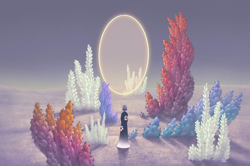 Surreal art of creative way inspiration motivation imagination and dream concept idea, A woman with door of light in fantasy garden. 3d illustration. mystery in nature landscape. (foto: Shutterstock)