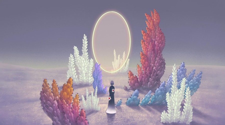 Surreal art of creative way inspiration motivation imagination and dream concept idea, A woman with door of light in fantasy garden. 3d illustration. mystery in nature landscape. (foto: Shutterstock)