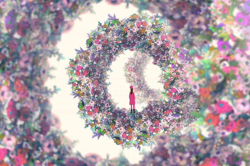 Surreal art of creative way inspiration motivation imagination and dream concept idea, A woman with door of light in fantasy garden. 3d illustration. mystery in nature landscape. (foto: Shutterstock)