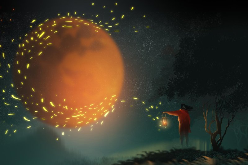Digital illustration art painting style a long hair beautiful woman holding lamp and standing on the hill, the big red moon and strong wind to the lamp have many fire dust in midnight sky. (foto: Simpleb Shutterstock)