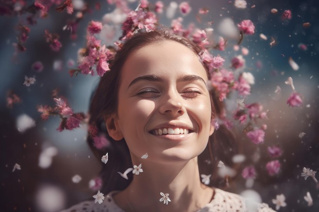 Nasmejana ženska med spomladanskim cvetjem