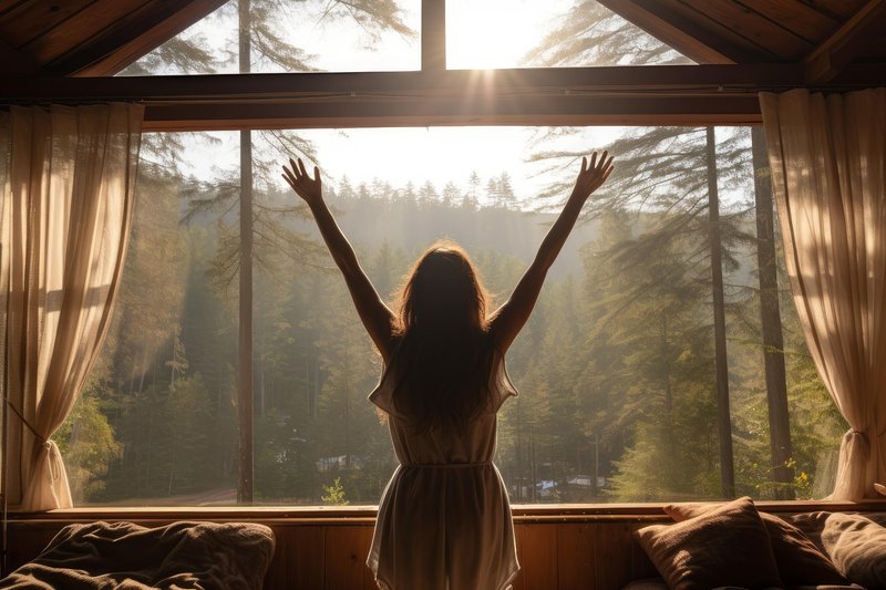 Ženska se prebuja v hiši s pogledom na naravo