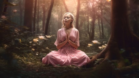 Ženska v rožnati obleki meditira v gozdu