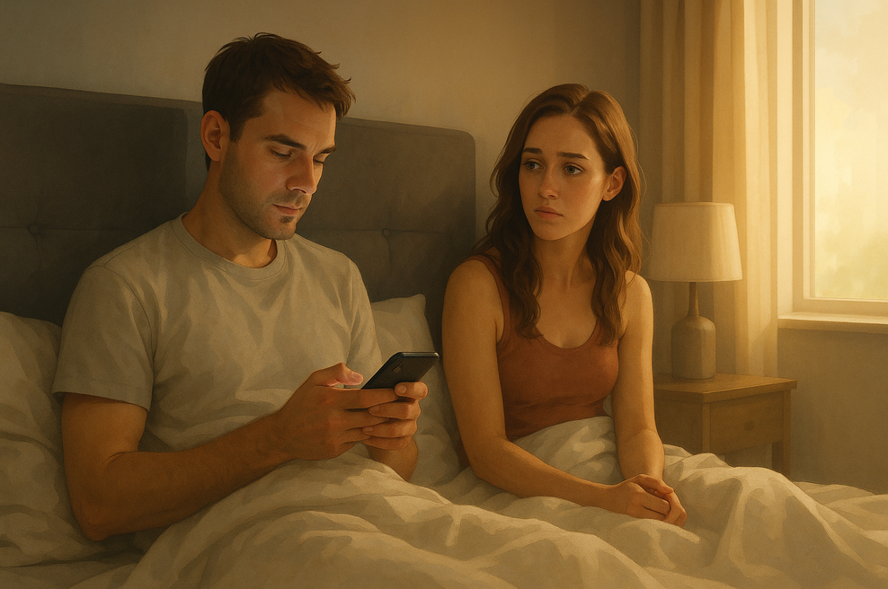 S tem, ko uporabljamo telefon v prisotnosti partnerja, jasno sporočamo, da nam odnos ni pomemben (foto: AI)