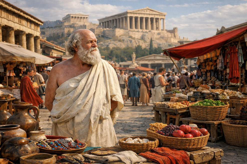 Sokratov “trik”: vsak dan je šel na tržnico, da bi videl, česa ne potrebuje (foto: AI)